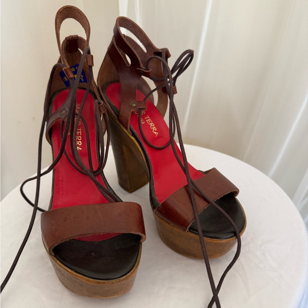 FROM GREECE - Leather Lace-Up Platform Sandals – Wooden Heel – Brown